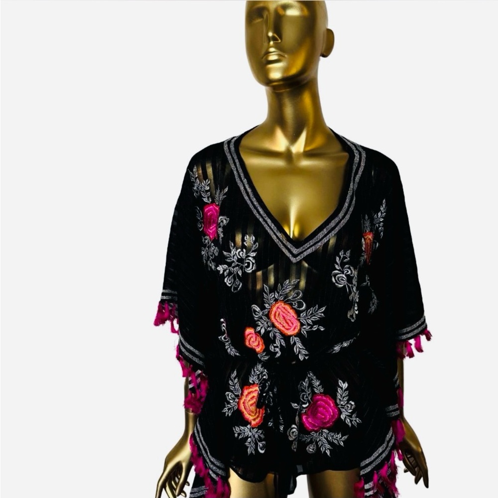 Marciano Boho Embroidered Tassel Tunic Top Vibrant Sheer Beauty